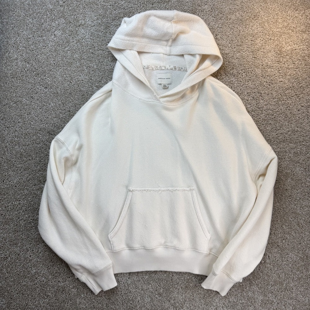 American Eagle Hoodie Womens Medium White Thermal Pullover Pocket Sweatshirt